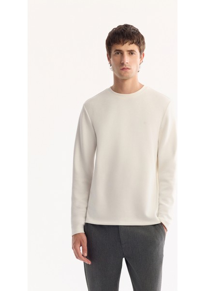 Erkek Ekru Bisiklet Yaka Viskon Karışımlı Bi-Stretch Basic Regular Fit Sweatshirt B001081