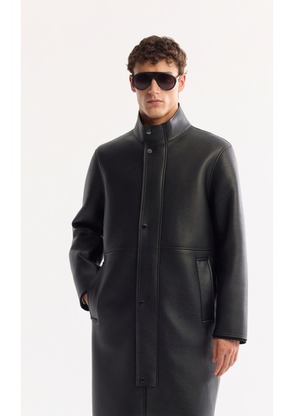 Erkek Siyah Dik Yaka Rüzgar Geçirmez Uzun Napa Kaban A52Y6061