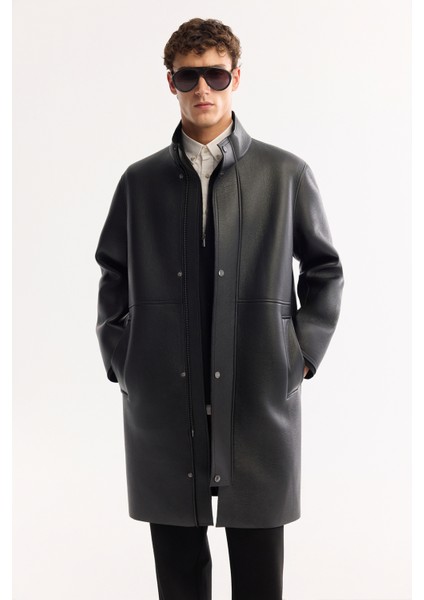 Erkek Siyah Dik Yaka Rüzgar Geçirmez Uzun Napa Kaban A52Y6061 modelleri
