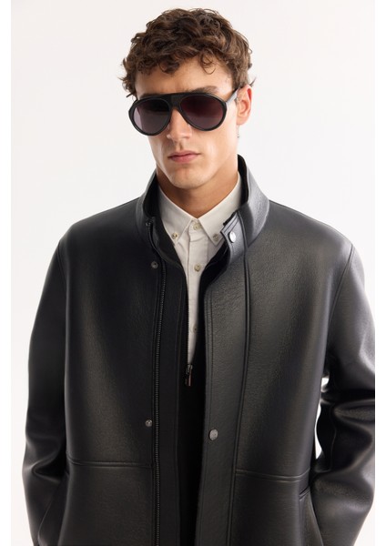 Erkek Siyah Dik Yaka Rüzgar Geçirmez Uzun Napa Kaban A52Y6061 fırsatları
