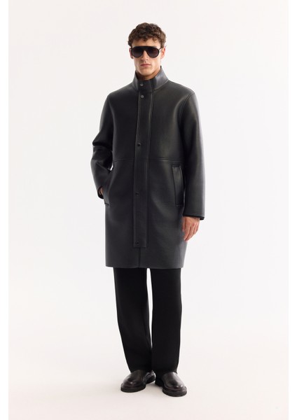 Erkek Siyah Dik Yaka Rüzgar Geçirmez Uzun Napa Kaban A52Y6061