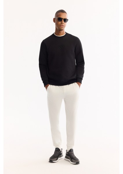 Erkek Siyah Bisiklet Yaka Pamuklu Şardonlu Baskılı Regular Fit Sweatshirt B001033