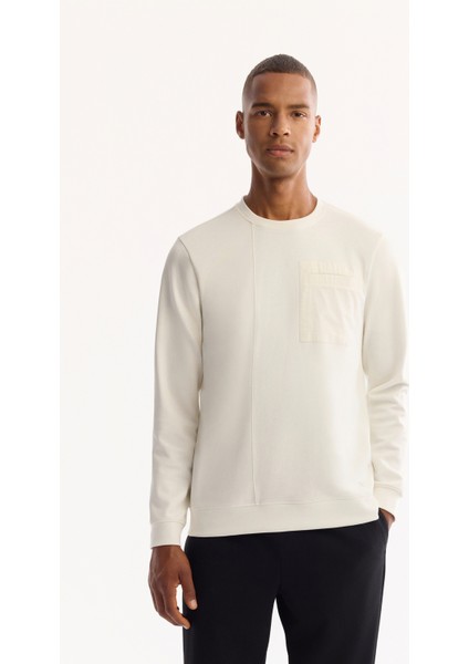 Erkek Ekru Bisiklet Yaka Pamuklu Bi-Stretch Regular Fit Sweatshirt A52Y1235