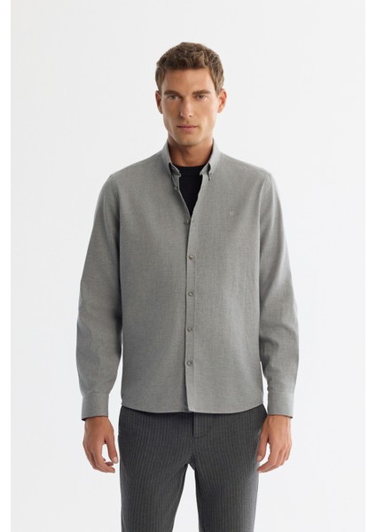 Erkek Gri Düğmeli Yaka %100 Pamuk Regular Fit Gömlek B002033