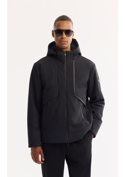 Erkek Siyah Kapüşonlu Su İtici Rüzgar Geçirmez Hafif Mevsimlik Regular Fit Mont A52Y6080