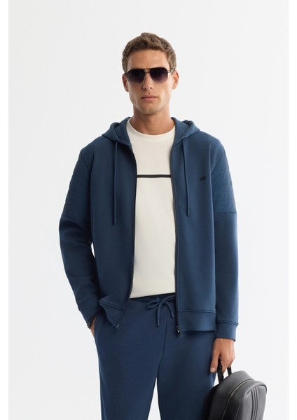 Erkek İndigo Kapüşonlu Pamuklu Fermuarlı Elastan Regular Fit Sweatshirt A42Y1264
