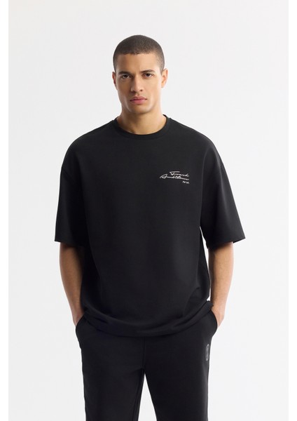 Erkek Siyah Bisiklet Yaka Pamuklu 2 İplik Oversize Fit T-Shirt A51Y1095