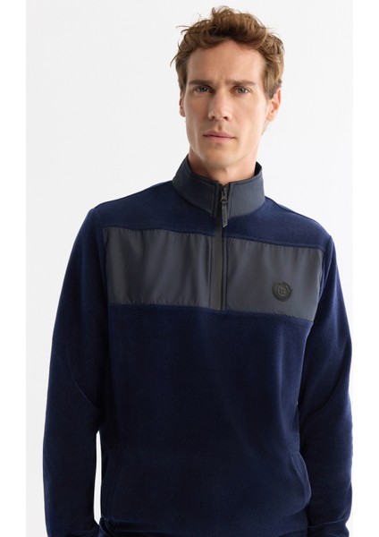 Erkek Lacivert Soğuğa Dayanıklı Fermuarlı Dik Yaka Polar Regular Fit Sweatshirt A42Y1380