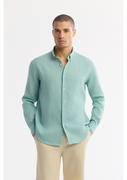 Erkek Mint Yeşil Düğmeli Yaka %100 Keten Comfort Fit Gömlek B002191