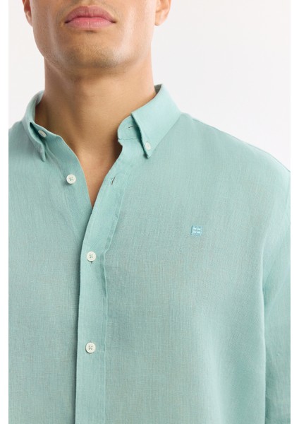 Erkek Mint Yeşil Düğmeli Yaka %100 Keten Comfort Fit Gömlek B002191 fiyatları