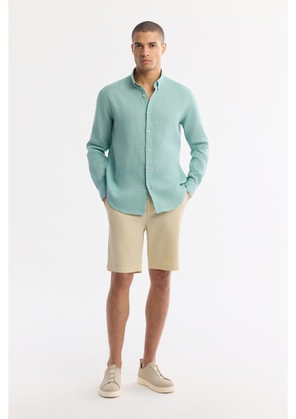 Erkek Mint Yeşil Düğmeli Yaka %100 Keten Comfort Fit Gömlek B002191 indirimleri