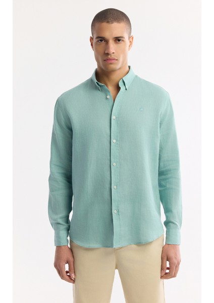 Erkek Mint Yeşil Düğmeli Yaka %100 Keten Comfort Fit Gömlek B002191