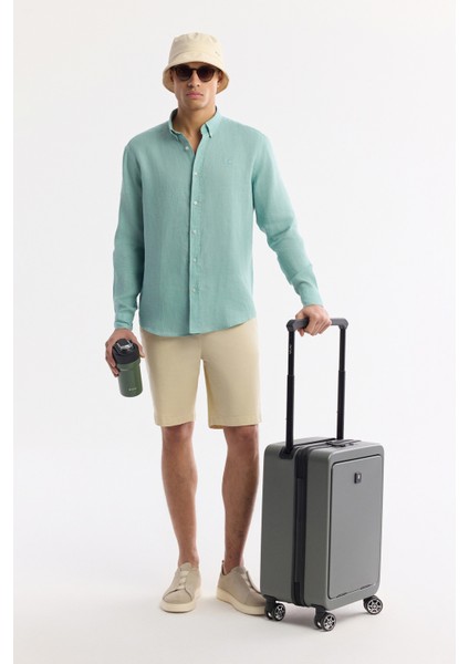 Erkek Mint Yeşil Düğmeli Yaka %100 Keten Comfort Fit Gömlek B002191