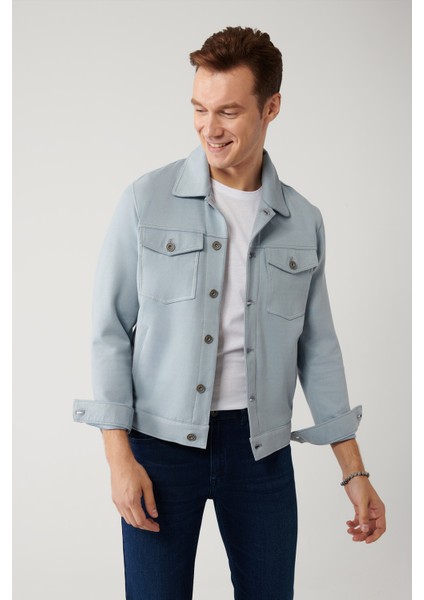 Erkek Mavi Klasik Yaka Süet Dokulu Mevsimlik Comfort Fit Mont A41Y6011