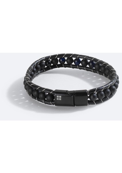 Erkek Siyah %100 Deri Ceyt ve Oniks Taşlı Deri Bileklik A51Y9619