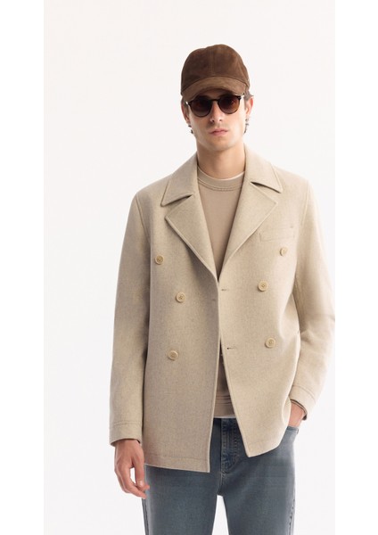 Erkek Bej Kruvaze Yün Karışımlı Astarlı Kaşe Kaban A52Y6065