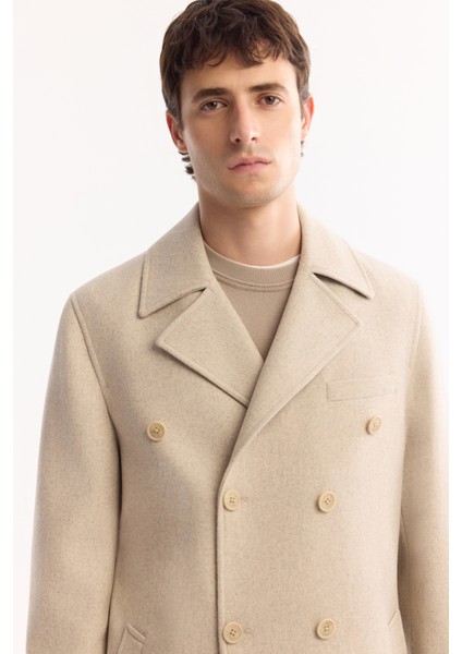 Erkek Bej Kruvaze Yün Karışımlı Astarlı Kaşe Kaban A52Y6065 fiyatları