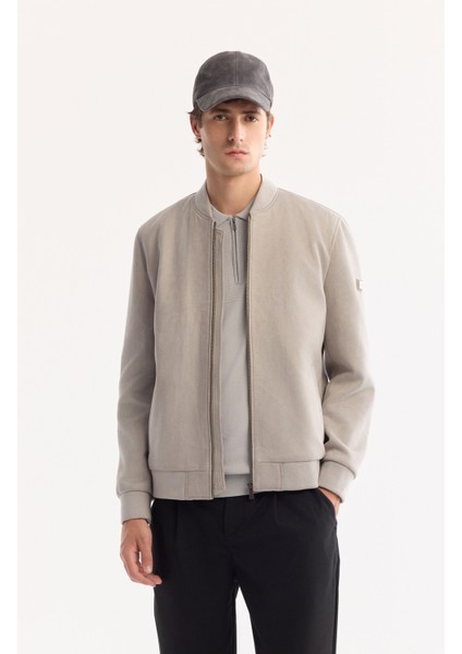 Erkek Açık Gri Bomber Yaka Süet Dokulu Mevsimlik Comfort Fit Mont B006045