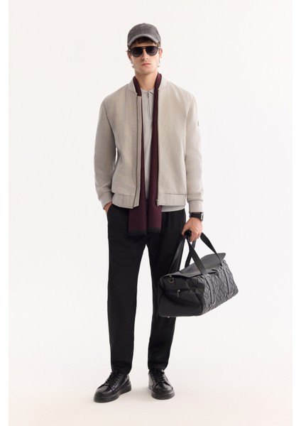 Erkek Açık Gri Bomber Yaka Süet Dokulu Mevsimlik Comfort Fit Mont B006045