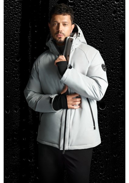 Erkek Gri Kapüşonlu Su İtici Rüzgar Geçirmez 15°C Dayanıklı Şişme Kayak Montu A52Y6161