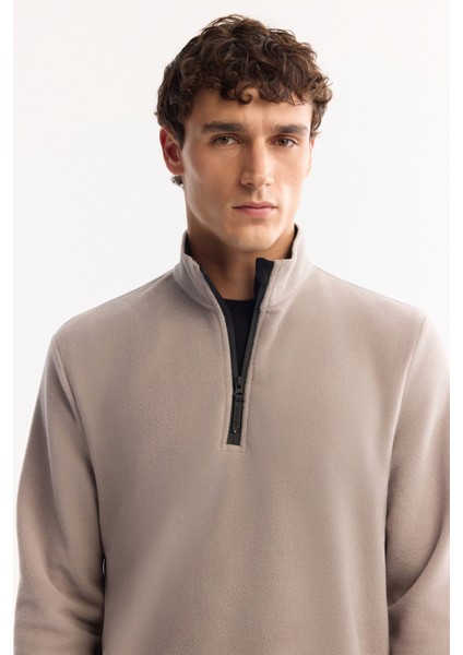 Erkek Gri Dik Yaka Fermuarlı Soft Touch Polar Regular Fit Sweatshirt E001068 fiyatları