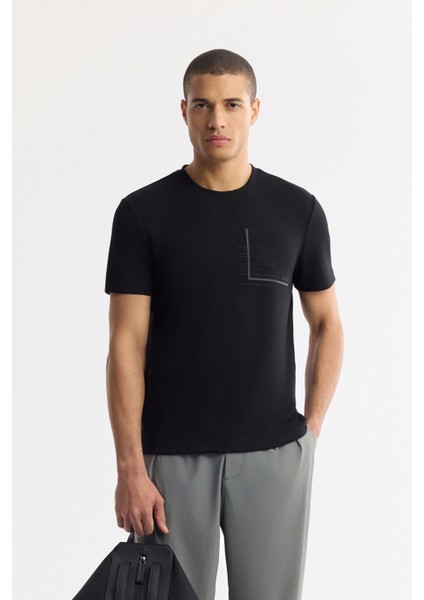 Erkek Siyah Bisiklet Yaka Baskılı Bi-Stretch İnterlok Regular Fit T-Shirt A51Y1135