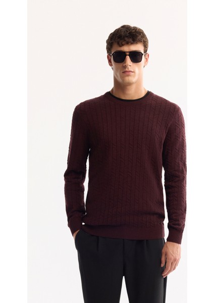 Erkek Bordo Bisiklet Yaka %100 Akrilik Dokulu Triko Regular Fit Kazak E005088