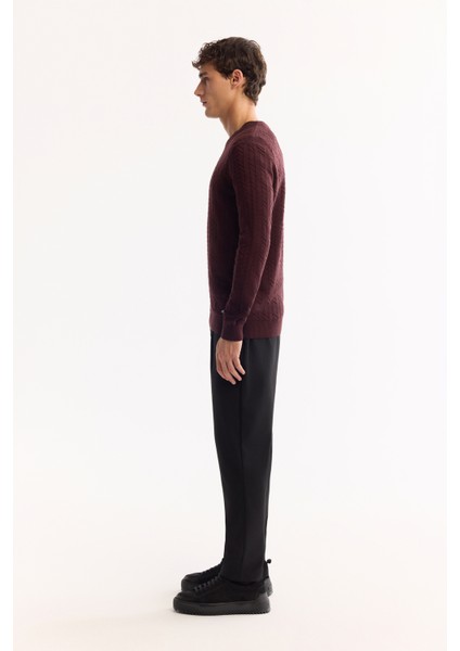 Erkek Bordo Bisiklet Yaka %100 Akrilik Dokulu Triko Regular Fit Kazak E005088 modelleri