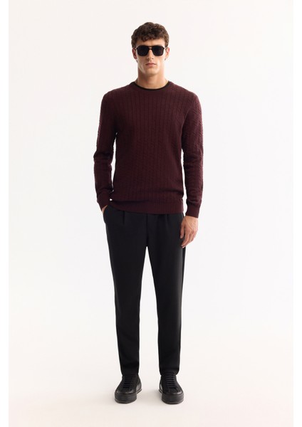 Erkek Bordo Bisiklet Yaka %100 Akrilik Dokulu Triko Regular Fit Kazak E005088