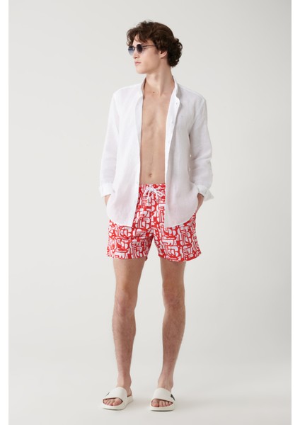 Erkek Kırmızı Hızlı Kuruyan Baskılı Relaxed Fit Relaxed Fit Deniz Şortu A41Y3813