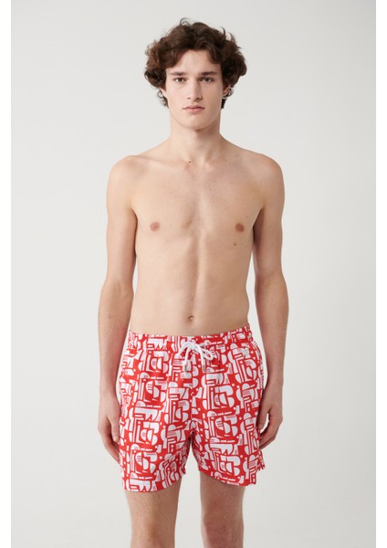 Erkek Kırmızı Hızlı Kuruyan Baskılı Relaxed Fit Relaxed Fit Deniz Şortu A41Y3813 fiyatları