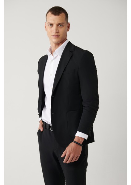 Erkek Siyah Astarsız Su İtici Bi-Stretch Lightweight Comfort Slim Fit Ceket A41Y4030