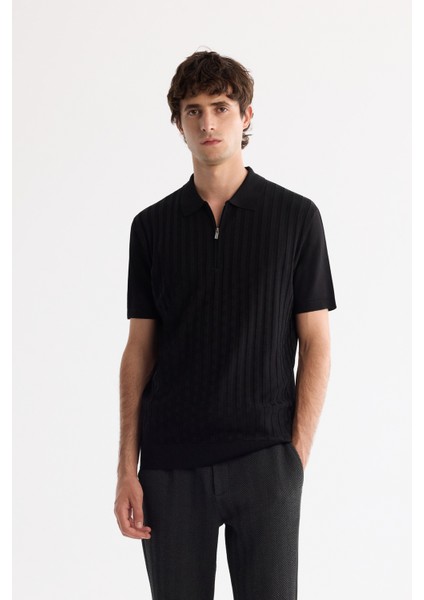 Erkek Siyah Polo Yaka Fermuarlı Rayon Triko Regular Fit T-Shirt A42Y5128