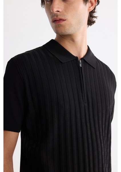 Erkek Siyah Polo Yaka Fermuarlı Rayon Triko Regular Fit T-Shirt A42Y5128 fiyatları