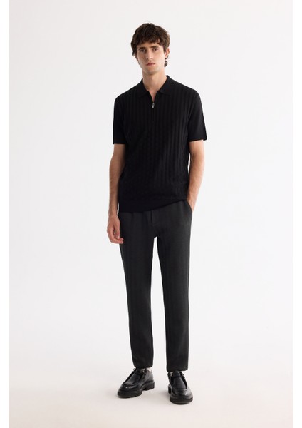 Erkek Siyah Polo Yaka Fermuarlı Rayon Triko Regular Fit T-Shirt A42Y5128 indirimleri