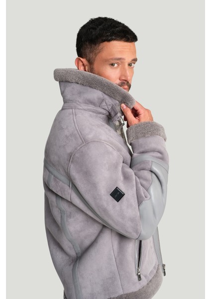Erkek Gri Kürklü Yaka Deri Görünümlü Napa Comfort Fit Mont A42Y6128