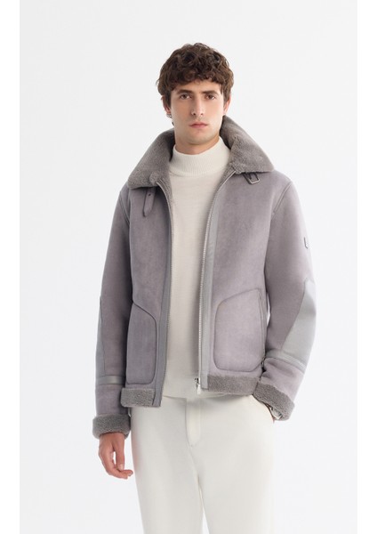 Erkek Gri Kürklü Yaka Deri Görünümlü Napa Comfort Fit Mont A42Y6128 fiyatları