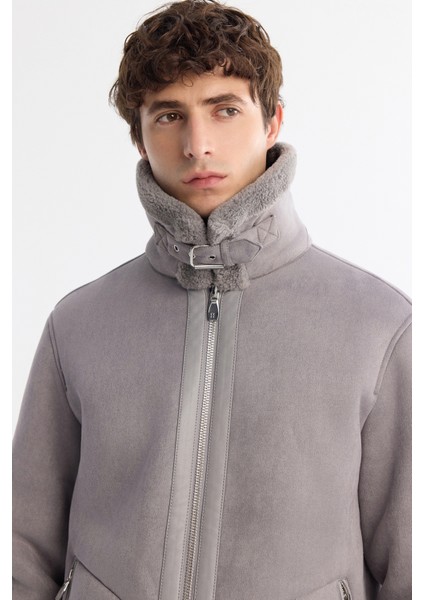 Erkek Gri Kürklü Yaka Deri Görünümlü Napa Comfort Fit Mont A42Y6128 modelleri