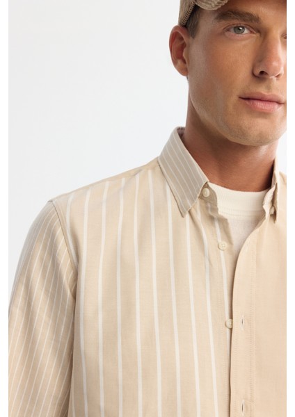 Erkek Bej Düğmeli Yaka %100 Pamuk Çizgili Regular Fit Gömlek A42Y2044 fiyatları