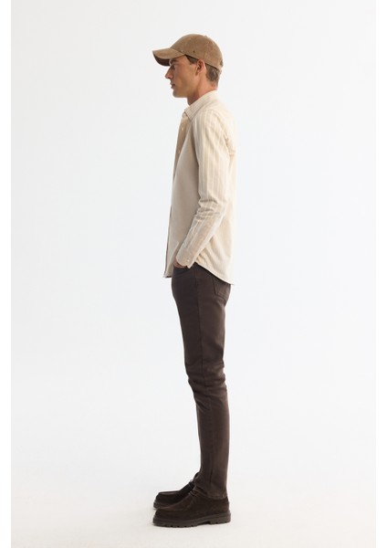 Erkek Bej Düğmeli Yaka %100 Pamuk Çizgili Regular Fit Gömlek A42Y2044 modelleri