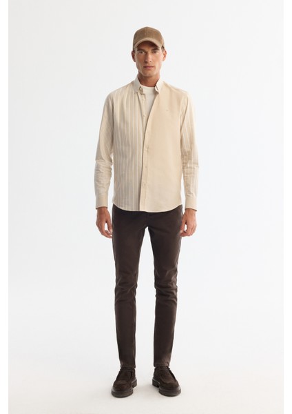 Erkek Bej Düğmeli Yaka %100 Pamuk Çizgili Regular Fit Gömlek A42Y2044 indirimleri