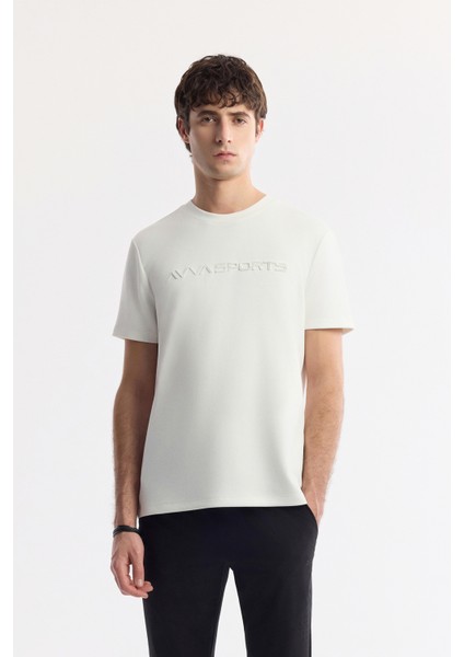 Erkek Ekru Bisiklet Yaka Baskılı Bi-Stretch İnterlok Regular Fit T-Shirt A51Y1001