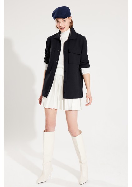 Erkek Lacivert Klasik Yaka Diyagonel Çift Cep Kapaklı Örme Gömlek Ceket A32Y2092