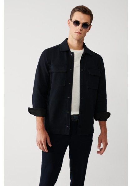 Erkek Lacivert Klasik Yaka Diyagonel Çift Cep Kapaklı Örme Gömlek Ceket A32Y2092 modelleri