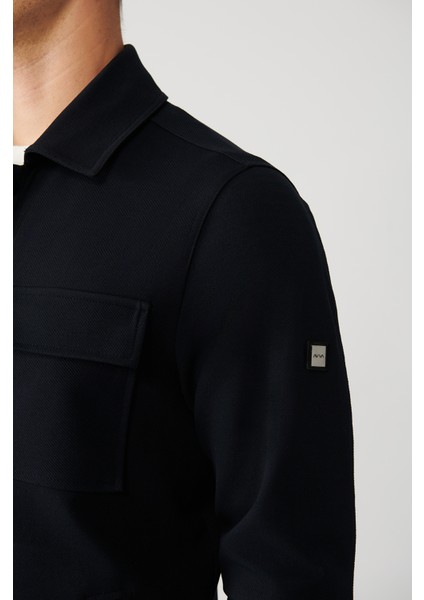 Erkek Lacivert Klasik Yaka Diyagonel Çift Cep Kapaklı Örme Gömlek Ceket A32Y2092 fırsatları