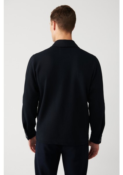 Erkek Lacivert Klasik Yaka Diyagonel Çift Cep Kapaklı Örme Gömlek Ceket A32Y2092