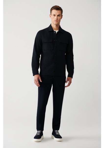 Erkek Lacivert Klasik Yaka Diyagonel Çift Cep Kapaklı Örme Gömlek Ceket A32Y2092