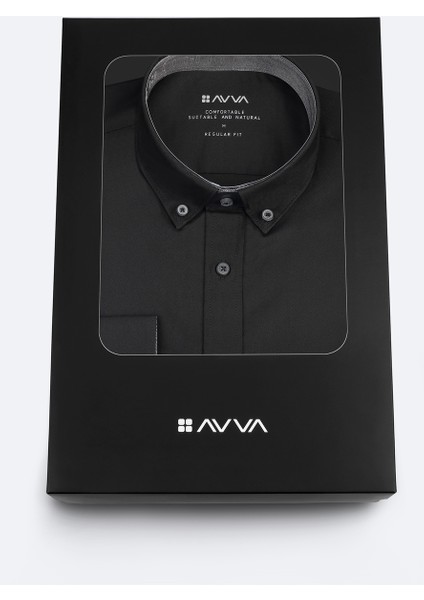 Erkek Siyah Düğmeli Yaka Hediye Kutulu %100 Pamuk Basic Regular Fit Gömlek B002034