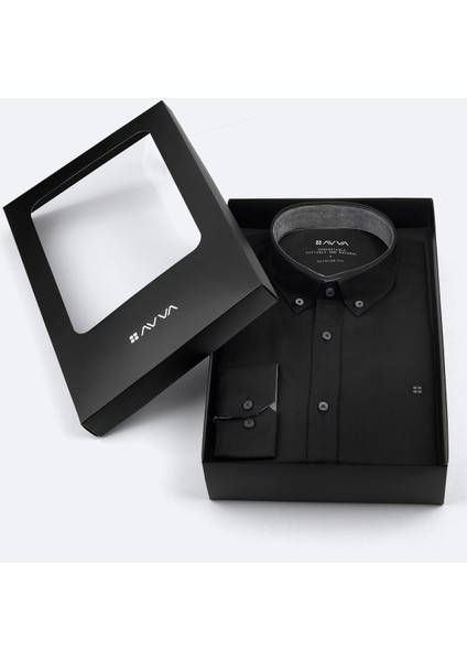 Erkek Siyah Düğmeli Yaka Hediye Kutulu %100 Pamuk Basic Regular Fit Gömlek B002034 fiyatları