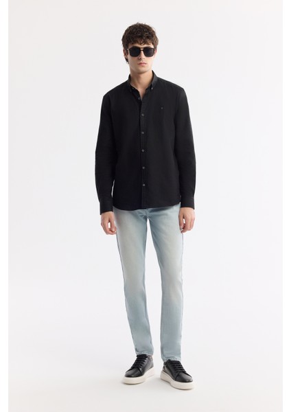 Erkek Siyah Düğmeli Yaka Hediye Kutulu %100 Pamuk Basic Regular Fit Gömlek B002034